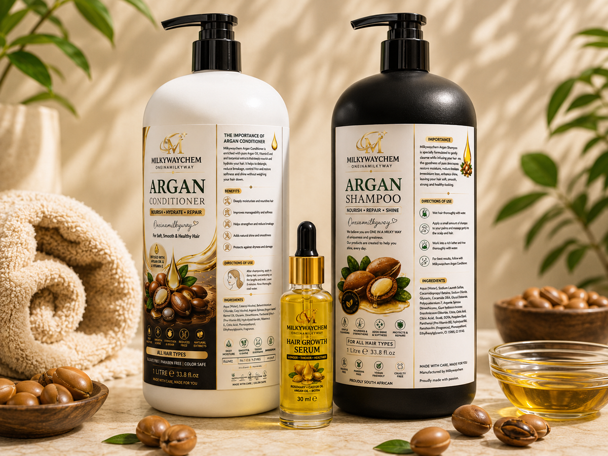 Milkywaychem Argan Oil Hair Care Set - Sulfate Free Shampoo, Conditioner & Hair Growth Serum